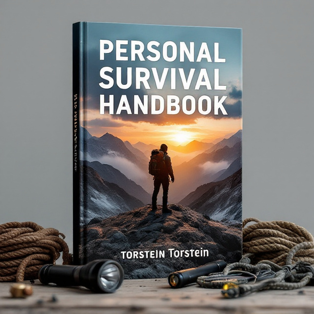 The cover depicts a rugged mountainous terrain under a partially cloudy sky. A lone figure, clad in survival gear, is silhouetted against a glowing horizon. The foreground includes essential survival elements such as a compass, a flashlight, and ropes organized in a sturdy layout. A metallic text header overlays the upper portion of the design, while the author's name is centered in bold at the bottom.