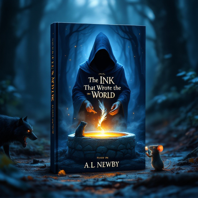A dark blue night sky sets the background, blending into shadows of an ominous forest. The focal point is a glowing, ancient stone well slightly off-center, with a mystical aura of soft white mist circling its rim. Behind, a shadowy wizard cloaked in midnight blue and adorned with faint glowing runes holds a quill pulsating with golden ink. To the foreground are two opposing figures to the left, a fierce snarling black wolf with luminescent amber eyes, and to the right, a small but brave mouse clutching a tiny scroll, both poised as if caught in a silent standoff.