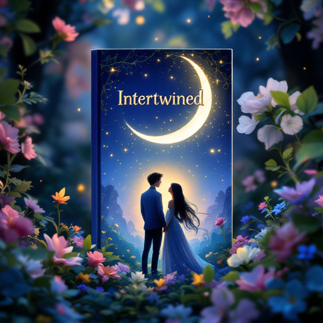 A dreamy Studio Ghibli-inspired forest scene filled with lush greenery and diverse, colorful flowers framing the edges of the cover. In the background, a luminous crescent moon rests against a soft gradient night sky transitioning from deep blue to lavender. In the middle distance, a magical man and woman are depicted standing side by side, gazing up at the moon. Both figures radiate a faint, golden magical aura, hinting at their enchanting connection. Gentle fireflies hover around, adding a touch of whimsy.