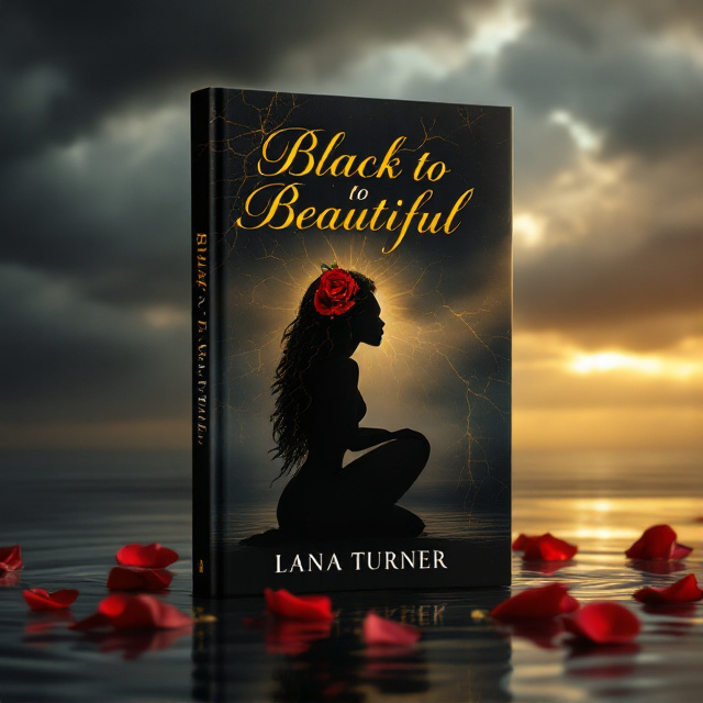 A serene yet striking cover featuring the silhouette of a Creole woman kneeling in profile at the center of the cover. Her long, flowing hair is intricately detailed and softened by a single red rose tucked in her hair, while faint golden cracks are etched across her silhouette, symbolizing both struggle and resilience. The woman is positioned in the midst of calm, rippling water, dotted with scattered deep red rose petals. Behind her, heavy storm clouds dominate the top half of the cover, with a soft beam of golden sunlight breaking through, illuminating her silhouette and casting a serene glimmer on the water below.