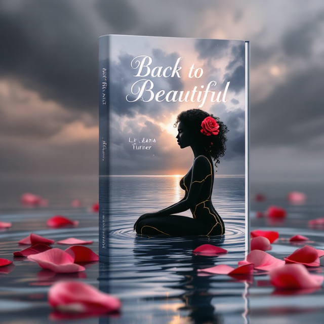A silhouette of a black woman with mid-flowing hair, kneeling in calm, rippling water that reflects soft silvery blues and purples. Her profile is detailed with visible white and gold cracks running across it, embodying both brokenness and beauty. The stormy grey sky looms behind her with heavy dramatic clouds. A single beam of golden sunlight breaks through the storm, casting a shimmering glow over her silhouette and the water. Scattered rose petals in deep red and pink drift across the water, subtly leading the eye to the woman, while a singular rose is tucked delicately into her hair.
