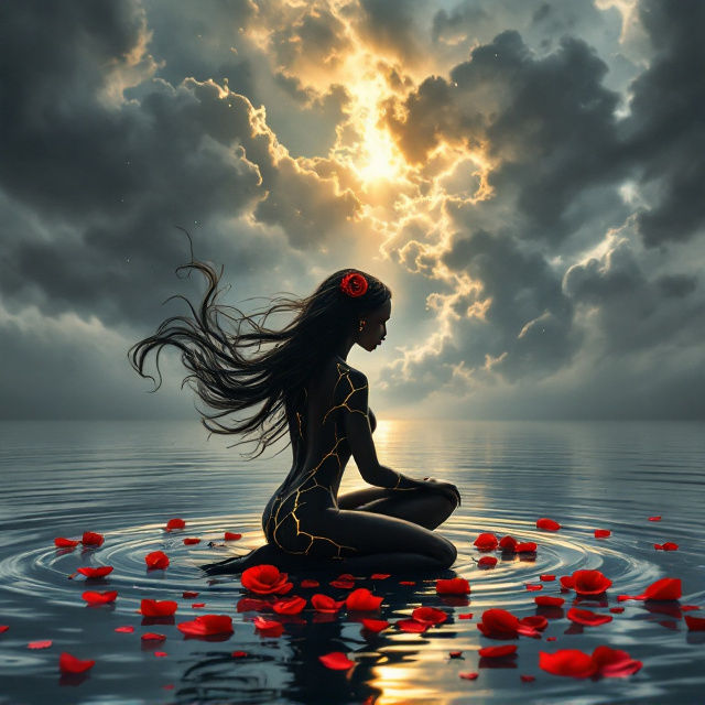 A striking silhouette of a beautiful brown woman with long, flowing hair kneeling in profile. The silhouette reveals deep gold cracks across her form, symbolizing emotional brokenness and resilience. She kneels in calm, silvery blue water, ripples softly spread around her. Scattered deep red and soft pink rose petals float gracefully on the water’s surface. A single red rose is delicately tucked into her hair. Above her, the sky is dramatic with looming gray storm clouds. A shaft of golden-yellow sunlight pierces through the clouds, illuminating her silhouette and creating a glow on the water.