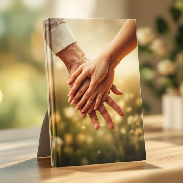 A realistic portrayal of a man’s strong but gentle hand clasping a woman’s delicate hand, pulling her slightly towards him. The hands are placed in the center of the cover, with soft sunlight flaring in the background. The backdrop consists of a blurred, serene natural setting, such as a lush meadow or a sunrise over a quiet lake. The image is infused with warm tones of gold, cream, and hints of blush pink, creating an elegant and emotional atmosphere.
