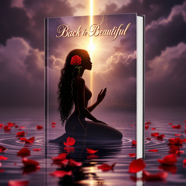 The cover features the dramatic silhouette of a Black woman in profile, kneeling in prayer, her elegant, long flowing hair cascading with a single, vibrant red rose tucked into it. Her silhouette is broken in intricate golden cracks, resembling kintsugi art, symbolizing healing through brokenness. She is situated in a reflective body of water, with soft ripples radiating outward around her knees. Scattered red rose petals float on the surface, creating a poignant visual juxtaposition of beauty and pain. Above her, an ominous stormy sky in deep purples and grays looms heavily, with a single, powerful golden sunbeam breaking through above, illuminating her and shimmering onto the reflective water below, creating a divine, cinematic atmosphere.