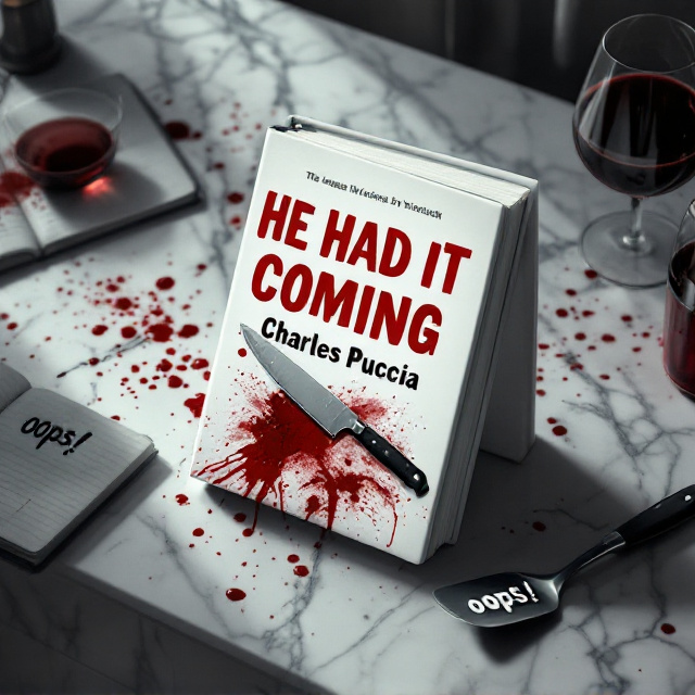 A kitchen scene is shown from an overhead perspective, with a cutting board resting on a marble countertop. There’s a chef's knife lying on the cutting board with a faint smear of blood on its edge. Beside the knife, a glass of spilled red wine creates a splattered effect reminiscent of blood drops. In the bottom left corner, a shadowy figure holding a notebook hovers faintly, hinting at intrigue. The tone is lightened by subtle humorous details, like a dropped spatula with "oops!" written cartoonishly on it.