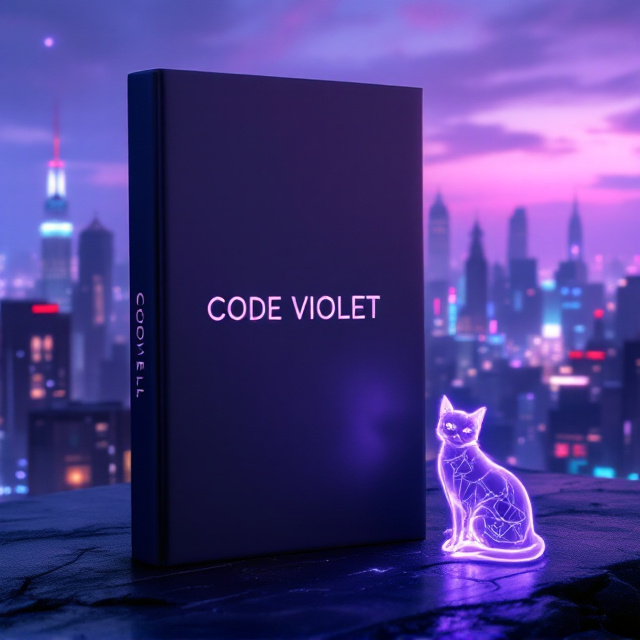 A high-rise cityscape stretches across the background, the skyline shimmering in hues of violet, blue, and silver. The scene is set during twilight, where the blending of colors gives an ethereal, otherworldly glow. The young woman sits on the edge of the building in silhouette, her posture reflecting defiance and curiosity. Her shoulder-length hair sways faintly in the breeze. Next to her, the glowing violet cat is perched, translucent with futuristic tech-like patterns etched into its ethereal form. The skyline buzzes with faint neon signs and sci-fi holographic elements in the distance, adding depth.