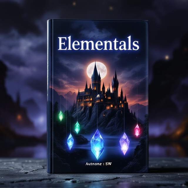 An old, majestic academy reminiscent of Hogwarts is perched high on a jagged mountain. The academy is illuminated faintly by moonlight that reflects off a tranquil black lake below. Suspended in the foreground, five glowing crystals hover in a circular pattern, each emanating a distinct hue. Dark clouds loom above, adding a mysterious atmosphere. The background fades into deep blacks and shadowy purples, accentuating the adventure and magic. The author’s name "SW" appears subtly at the bottom.