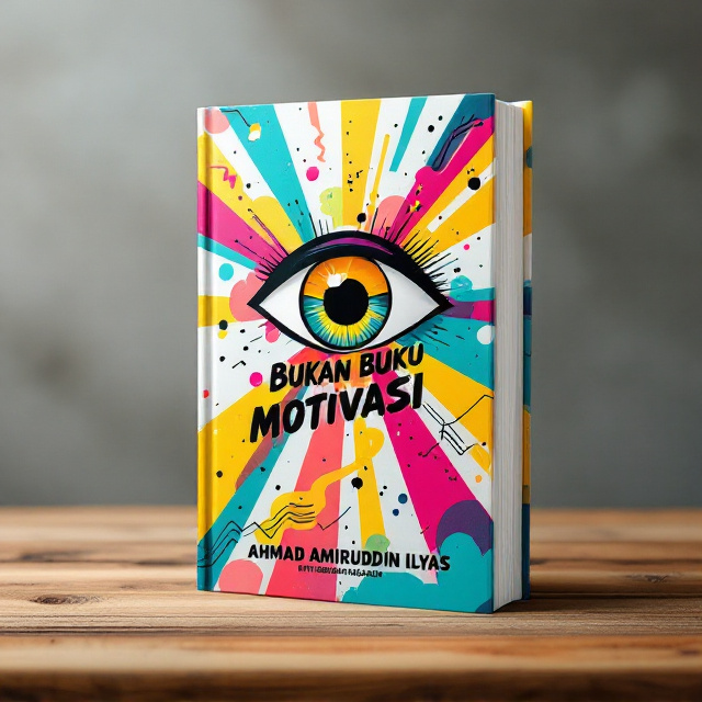 A large, retro-style, geometric eye in the center takes prominence, with bold, vibrant splashes of yellow, teal, magenta, and orange radiating like sunbeams. Abstract, colorful shapes like zigzags, circles, and swirls fill the background to create an eccentric, energetic vibe. The title, "Bukan Buku Motivasi," appears provocatively bold, positioned diagonally across the eye, creating both balance and contrast. Small, whimsical hand-drawn accents (like dots, spirals) are scattered near the edges for a playful finish.