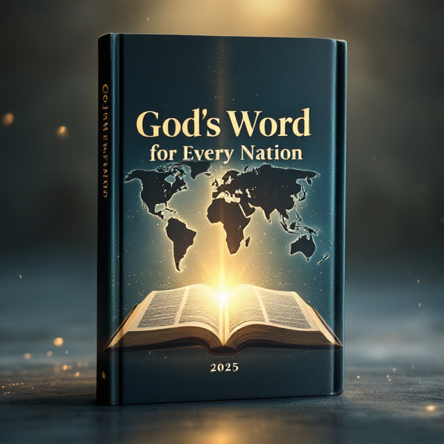 The cover features a faint, ghosted silhouette of a globe centered on the cover, with the outlines of continents softly illuminated. Overlaid on the lower half of the globe is the ghosted texture of an open Bible page in a non-English language (e.g., Hebrew, Greek, or another international script). The background uses shades of deep blue transitioning to light gold, symbolizing inspiration and divinity. Around the edges, subtle rays of light emanate outward, giving an uplifting and holy ambiance.