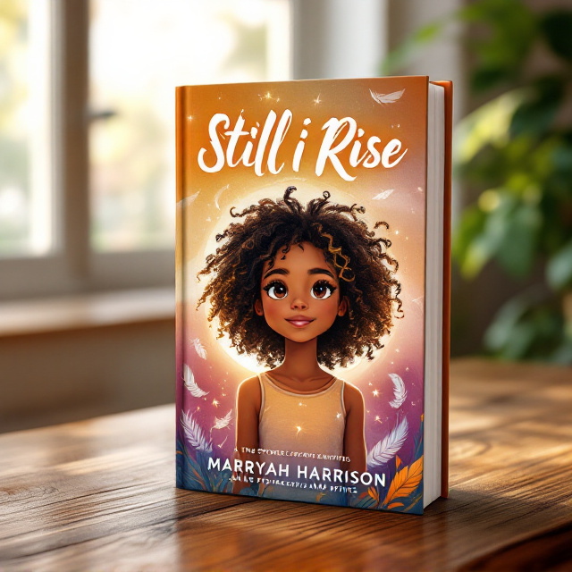 The cover features a vibrant illustration of a young African-American girl with black and blonde curly hair, standing confidently against a sunrise or sunset gradient backdrop. The girl’s sparkling brown eyes are emphasized, drawing readers' attention. Wisps of light swirl around her, symbolizing her strength and untamed spirit. Subtle elements, such as feathers and leaves, frame the edges to create a sense of growth and resilience.