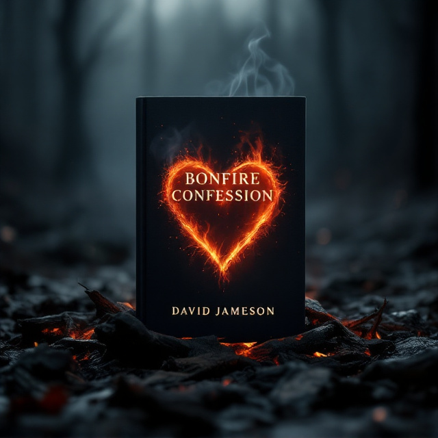 A dark, moody backdrop showcasing a bonfire in dim surroundings. The fire's embers glow softly, casting flickering shadows against a barren, grayscale forest in the background. The bonfire, in hues of warm orange and red, subtly forms an abstract heart shape, symbolizing vulnerability. Near the base of the fire rests a distressed, charred bench, alluding to solitude. Light smoke from the bonfire gently drifts upward, creating a hazy transition into the night sky. The bottom half of the cover remains darker, drawing the reader's eyes upward toward the fire.