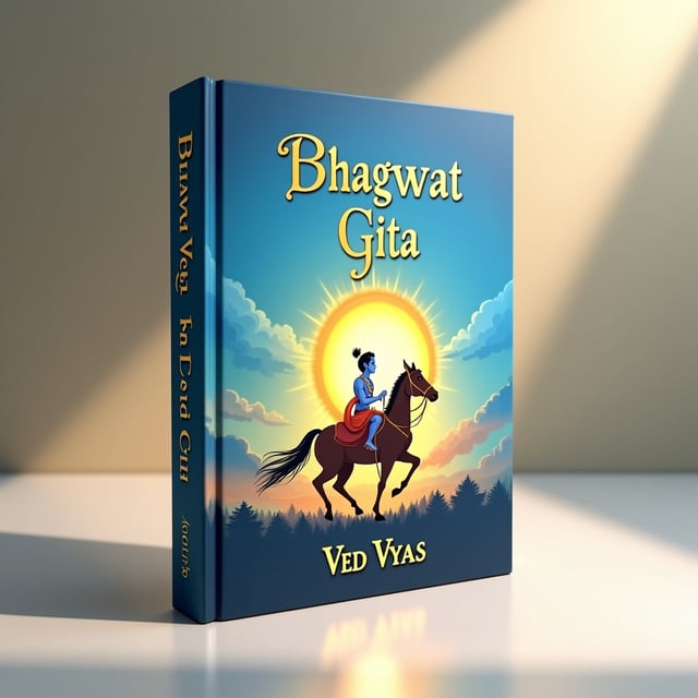 A serene and divine illustration of Lord Krishna seated on his majestic chariot with Arjuna standing beside him in a respectful posture, depicting the moment Krishna imparts the teachings of the Bhagavad Gita. The vibrant hues of blue and yellow dominate the scene, symbolizing divinity and radiance. Krishna is bathed in a bright golden halo, radiating positivity, with a subtle background of a battlefield infused with hints of clouds to signify the Kurukshetra war. The entire imagery evokes love, happiness, and spiritual tranquility.