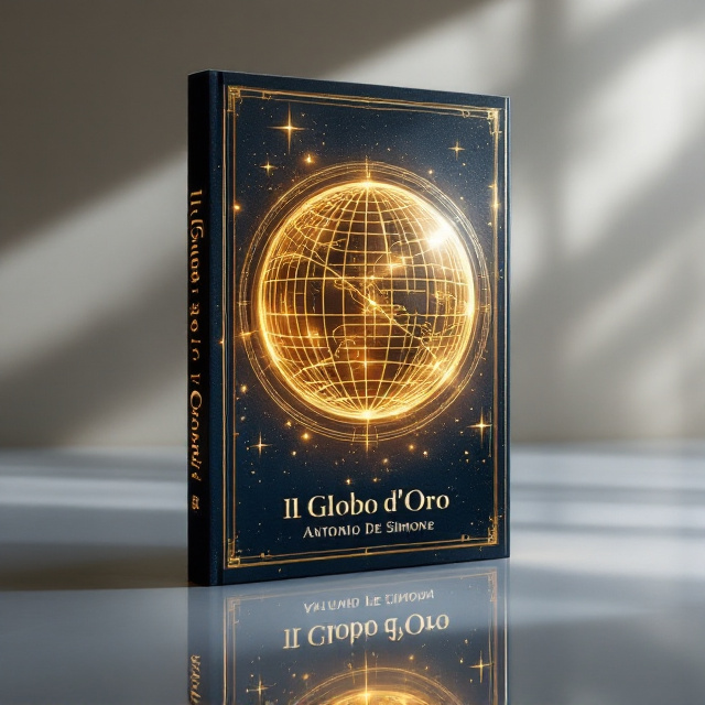 A radiant golden globe with intricate, labyrinth-like engravings as its surface texture dominates the center of the cover. The globe emits a soft, diffused glow, adding an air of mystery, as thin golden latitudinal and longitudinal lines accentuate the global theme. The background is a deep midnight blue with faint celestial accents, such as nebulous patterns and subtle stars, creating a sense of suspense and mystery. Gentle shadows around the globe enhance the lighting effect, making it look three-dimensional and vivid.