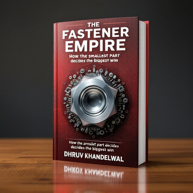 The cover features a large, metallic screw at the center, reflecting light, symbolizing strength and precision. Surrounding the screw is a red gradient background with subtle textures of thread-like patterns to hint at fastener mechanisms. Small gears, bolts, and nuts form a minimalistic yet interconnected pattern in the periphery, symbolizing the intricate role of fasteners. At the top, the book title is in bold, dominating text, while at the bottom, a silhouette of a toolbox fades into view. The author’s name is also placed at the bottom in a slightly smaller font.