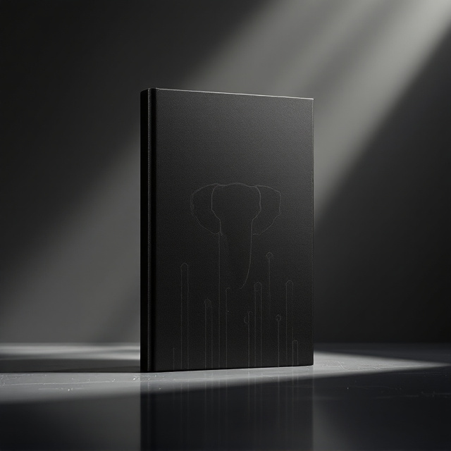 A dark, almost shadowy cover where an abstract shape suggests the faint silhouette of an elephant in a pitch-dark room. Textured accents hint at the various parts being "touched," such as a smooth curve for the back, tall vertical outlines for legs, and triangular designs symbolizing ears. These shapes bleed into soft, hazy gradients to amplify the theme of vagueness and scarcity. Faint streaks of light emerge from the background, barely illuminating the abstract outline, leaving most of it shrouded in mystery.