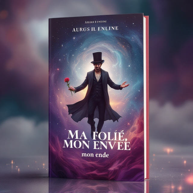 The cover shows a surreal scene of an ethereal background blending shades of purple and starlight. At the center, a man in a black high-top hat levitates with a slightly tilted posture in an abstract space-time vortex. He is holding a single, glowing rose in his right hand, while his left hand stretches outward as if inviting the reader. Swirling, dreamy brushstrokes surround him, giving the sense of movement and uncontainable energy. His expression is wild but magnetic, embodying the blend of madness and inspiration.