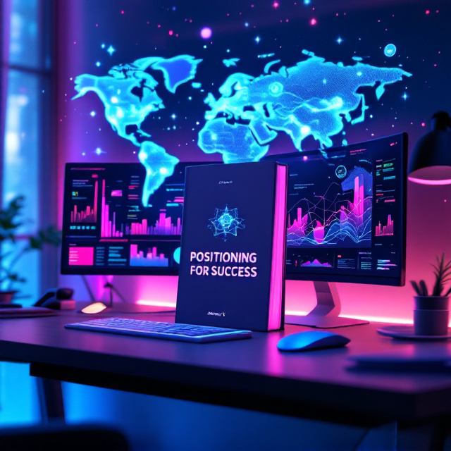 A sleek and ultra-modern home office taking center stage. The desk features two side-by-side wide monitors displaying vibrant data visualizations, neural networks, and detailed machine learning models. Holographic projections rise above the desk, depicting NLP, Computer Vision, Generative AI, MLOps, and AI Ethics in glowing yet subtle colors. The background features a semi-transparent world map with glowing, connected nodes illustrating global collaboration. Layers of overlapping cloud computing icons, innovative technology shapes, and connection pathways fade into the background, balanced by clear white space. A growth chart subtly rises from the corner in a fading cyan hue. The gradient of deep tech blue to vibrant purple creates a dynamic, forward-thinking atmosphere.