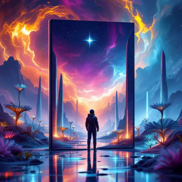 The cover prominently features a vast, luminous, and mysterious alien landscape as the background. The scene is dominated by a vivid, multicolored alien sky with swirling hues of violet, gold, and cobalt blue, highlighting the exotic ambiance of the foreign planet. Strange, bioluminescent plants with ethereal glows populate the foreground, alongside tall, spiraling structures with sleek, unfamiliar designs. A lone silhouette of a scientist in a spacesuit stands in the middle ground, gazing upward at a star shining brightly, symbolizing a distant destination. Thin wisps of fog hover over the terrain, adding an air of suspense and longing.