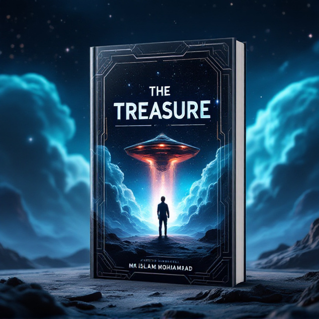A vast, glowing spaceship hovers in the background, partially obscured by mysterious, swirling cosmic clouds in light blue hues. Below, a lone figure stands on rugged alien terrain, facing the spaceship and clasping a glowing artifact. The starry expanse dots the top half of the cover, adding a sense of wonder and vastness. Sleek science-fiction patterns frame the edges of the cover, giving it a futuristic feel.