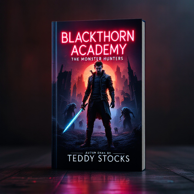 The cover features a dark, dystopian background of a ruined cityscape under a dimly glowing reddish-orange sky. The foreground depicts the main character—a strong, determined young man dressed in rugged, post-apocalyptic attire with battle-worn details. He is standing in a dynamic pose with his sword drawn, its blade reflecting a faint blue shimmer that pierces through the gloom. Surrounding him are faint ghostly outlines of monstrous creatures, creating an aura of danger and suspense. The title is prominently displayed in neon, glowing text above the character, while the author’s name, “Teddy Stocks,” is below, less bold but still noticeable.