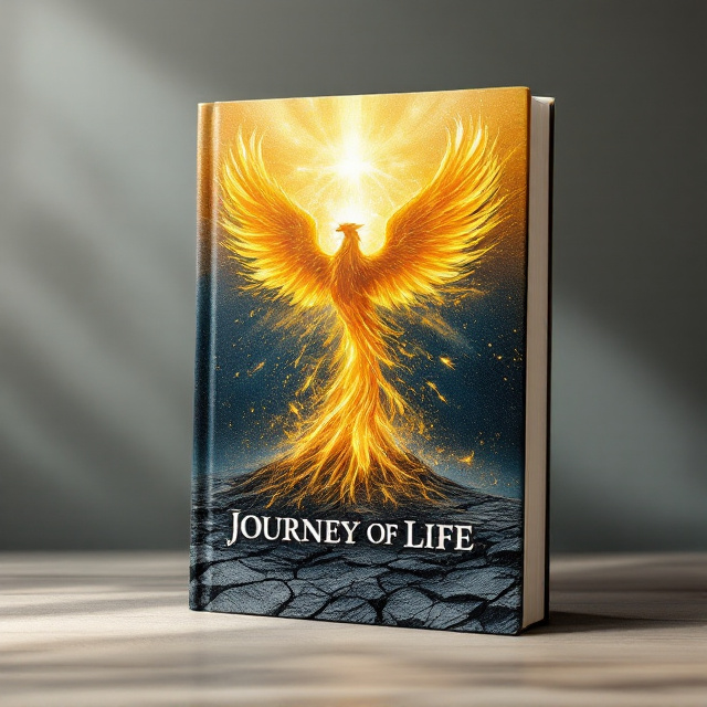 A phoenix rising from ashes occupies the center of the cover, symbolizing rebirth from pain and struggle. The background transitions from dark, cracked earth at the bottom to a radiant burst of sunlight at the top, symbolizing the journey from hardship to success. Subtle streaks of brushstroke-style art and faint photographic textures are blended throughout, reinforcing the connection to art and photography. The primary colors emphasize a deep, moody indigo and a complementary golden yellow for contrast, with warm tones highlighting the transformation.