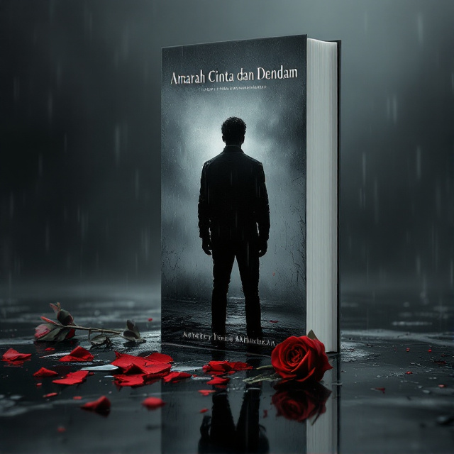 A dark, stormy background with rain falling diagonally across the frame. The silhouette of a man with his back turned is illuminated by a single ray of melancholic light, symbolizing sorrow and inner turmoil. In the foreground, a shattered red rose (representing both love and destruction) lies on the ground, symbolizing heartbreak. The sharp edge of a dagger faintly glimmers near the rose, adding a sense of danger and vengeance. The muted tones of gray, crimson, and black dominate the color palette, evoking strong emotions of betrayal and sorrow.
