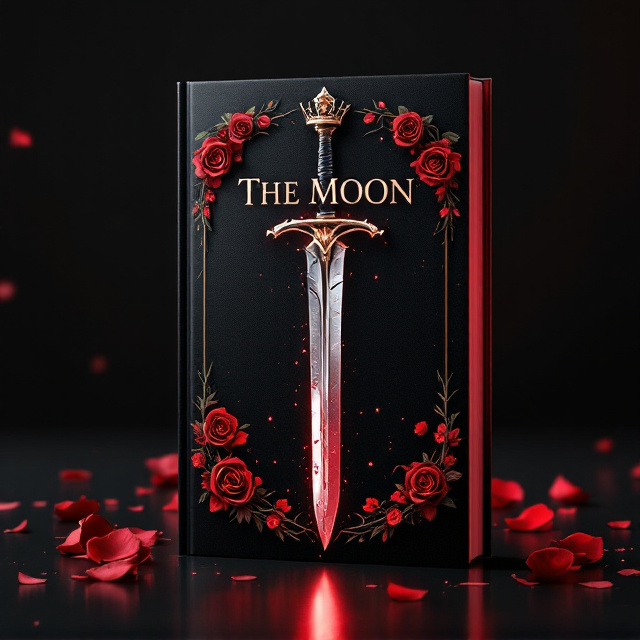 A dark black background with a soft gradient glow in deep red at the center. Central to the design is a silver sword standing upright, its blade shining faintly with a magical red hue. Wrapping around the base of the sword are entwined crimson roses with thorny vines. At the top of the sword, slightly tilted, is a broken crown with scattered gem fragments glimmering like stars beside it. A faint trail of glowing red petals cascades down the sword.