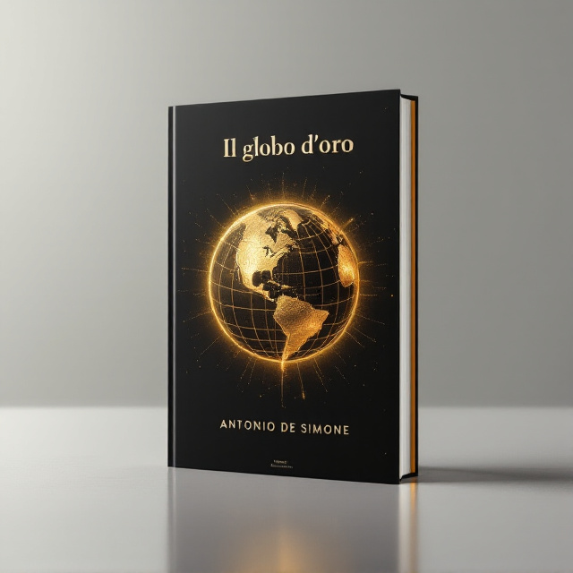 A radiant, intricately designed golden globe occupies the majority of the cover's center, with shimmering continents sculpted in a detailed metallic style. The globe radiates a soft golden glow against a deep, shadowy black background. Thin, mysterious fog-like mist swirls subtly at the edges, enhancing the atmosphere of mystery and suspense. Tiny, intersecting dotted lines reminiscent of routes or coordinates cross the globe, suggesting intrigue and a sense of global exploration.