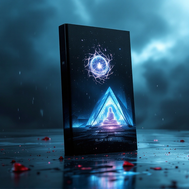 The top half of the cover features a dimly lit night sky, reflecting the cold hues of stormy rain clouds, with a futuristic laboratory building silhouetted against the backdrop. The sharp, angular structure of the building is defined by diamond-shaped panes of glass emitting an eerie, soft blue glow. A delicate Buddhist amulet-like charm (佛牌) hovers midair, fractured, with its shards swirling around in a slow-motion display of glowing light. The middle portion showcases the book's title, “荆棘代码,” wrapped in intricate, bioluminescent thorns with vivid blood-red droplets dissolving into digital particles. The bottom portion portrays a striking image Su Wanqing (女主) stands in the rain under a semi-transparent umbrella, which reflects faint sensor-like, soft glowing dots. Her contemplative pose contrasts with a barely visible outline of a delivery bike (belonging to Lin Shen, 男主) in the far corner, forming a diagonal composition with the umbrella to create a balanced tension.