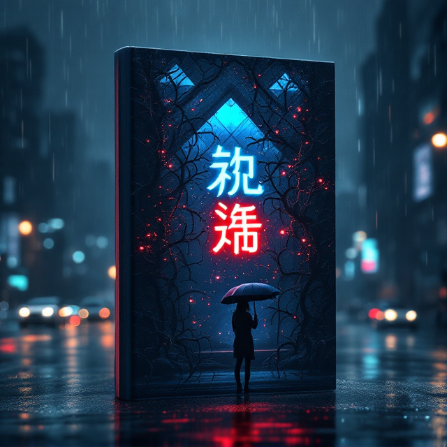 The book cover shows a stormy, rainy night setting at the top. An ominous experimental building with diamond-shaped glass windows glows with an unsettling, cold blue light shining through. At the center, neon-like bio-luminescent thorny vines twist and coil, merging seamlessly with the glowing Chinese book title "荆棘代码" while blood-red droplets disintegrate into pixelated particles, floating upward toward the blue glow. At the bottom, a young woman, Su Wanqing, stands in the rain holding a black umbrella that reflects faint sensor-like glowing dots. The umbrella forms a sharp, dynamic focal point that connects visually with the subtle silhouette of an electric delivery bike (Lin Shen’s) placed diagonally in the background, drenched in rain and illuminated by faint city lights.