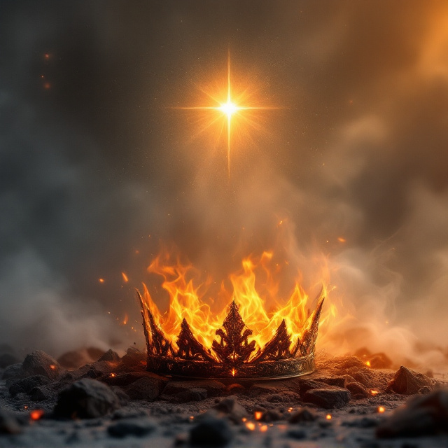 A vivid, ash-grey background with clouds of ember-filled smoke. In the center, a partially visible fiery, golden-orange crown, glowing faintly, lies on crumbled stone, its flames flickering weakly amidst ashes. Ghostly silhouettes of the three heroes (swordsman, mage, and druid) emerge from the swirling embers. Overhead, a dim star (the Emberheart) fades in the sepia-colored sky. A wispy, glowing aura spirals into the backdrop, hinting at mystery and fading magic.