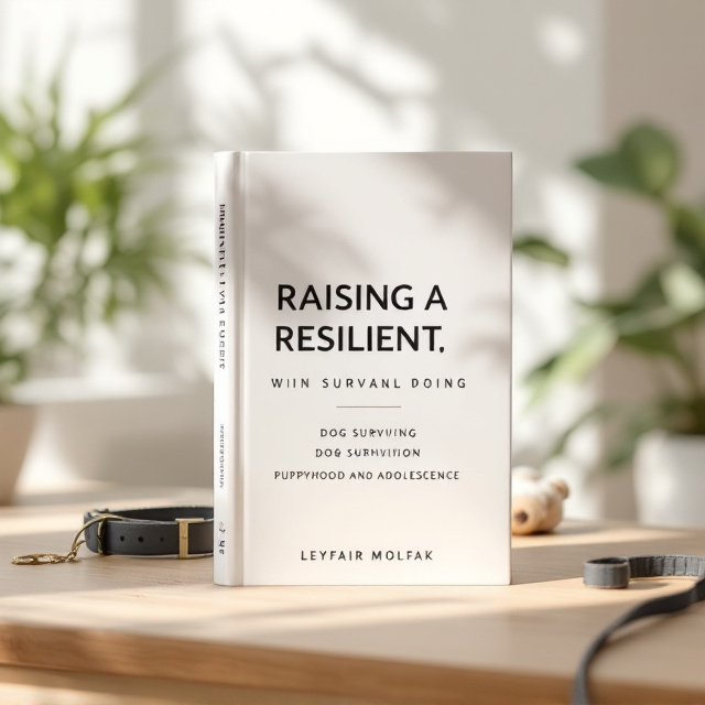The book cover has a sleek, minimalist style with a focus on typography. "RAISING A RESILIENT" is displayed boldly in uppercase across the top in LEMON MILK, creating a sense of strength and confidence. Below it, "DOG SURVIVING" takes center stage, using a larger weight of LEMON MILK to make it the most prominent and attention-grabbing phrase. "PUPPYHOOD AND ADOLESCENCE" is written in elegant Playfair Display at the bottom, adding a contrasting warmth and softness. The author’s name, "Sally," is positioned at the lower right corner in Playfair Display, giving the design a balanced conclusion.