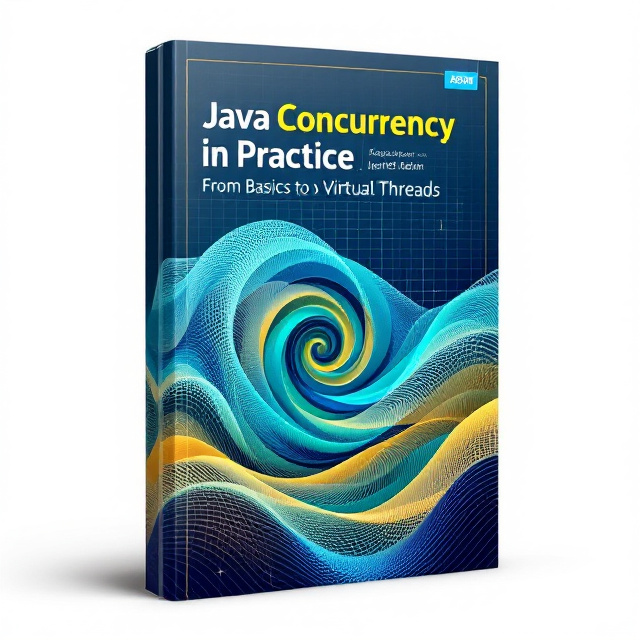 A vibrant, energetic cover featuring an abstract wave pattern rendered in gradient tones of vivid blue, teal, and golden-yellow hues (reminiscent of flowing threads). A modern grid backdrop subtly fades into the background, representing structure and order. In the center, there's a dynamic spiral motif symbolizing concurrency and interconnectedness, giving a happy and uplifting vibe.