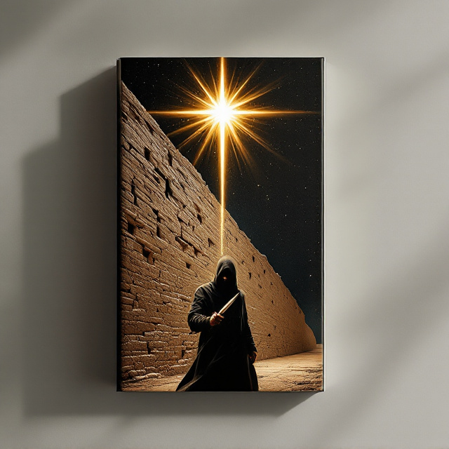 A cloaked and shadowed terrorist is positioned in the lower-left third of the cover, his head slightly tilted downward, gripping an assassin's knife that glints faintly in dim light. The ancient wall stretches diagonally across the background, rugged and sepia-toned, its stones weathered with time. Above it in the ink-black starry sky, a single radiant star—the Second Star of Bethlehem—streams brightly, emanating gold and white beams that pierce the darkness. The light from the star subtly illuminates the upper portions of the wall while creating stark contrasts that deepen the foreboding mood.