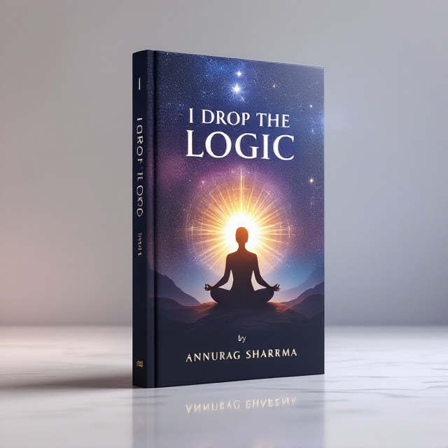A serene and vast starry night sky blending into hues of deep purples and blues, symbolizing the universe and spirituality. At the center, a silhouette of a meditating figure surrounded by glowing energy or an aura. A soft light radiates from the figure, representing self-discovery and healing. The title, "I Drop the Logic," arcs alongside the silhouette’s glow. The background features subtle constellations with faded lines connecting the stars, adding depth and a sense of cosmic connection.