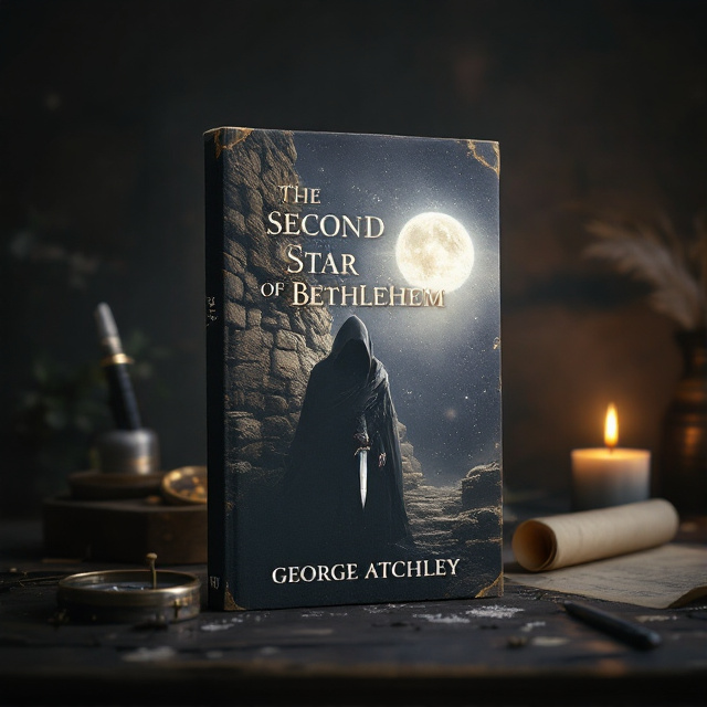 The cover features a cloaked assassin in the foreground, standing against a rugged, ancient stone wall. The assassin is partially bathed in the pale light of a bright, shimmering star dominating the top-right corner of the sky, set against a dense star field. The assassin's face remains hidden under the shadow of the cloak, and his hand gripping a glinting knife captures the viewer's attention. The burlap-toned texture overlays the stone wall, blending naturally with the background and enhancing the gritty feel.