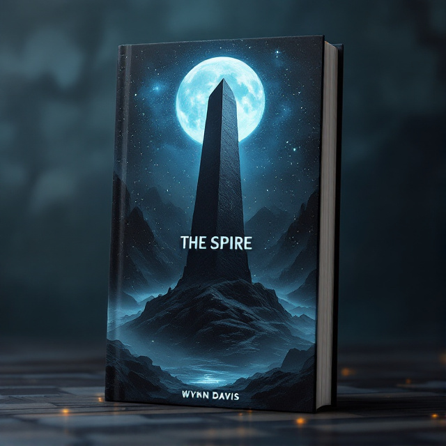 A dark and atmospheric cover dominated by a massive, shadowy obelisk rising into the night sky. The obelisk is slightly cracked, with faint glowing runes etched into its surface that emanate a sense of ancient power. The background features an expansive, moody landscape bathed in silver moonlight from a glowing, vivid full moon suspended at the top-center of the cover. Wisps of mist and faint silhouettes of distant mountains add depth, while scattered stars twinkle subtly in the night sky. The overall color palette is a blend of deep blues, greys, and blacks, with hints of silver luminescence.