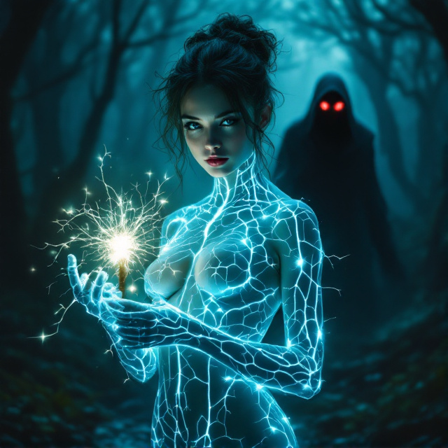 A central female figure stands prominent in the foreground, her skin glowing with intricate white veins that pulse with light. She holds a short, six-inch wooden rod in one hand, which emanates a faint magical aura. The background depicts an eerie, shadowy forest cloaked in darkness, giving off a mysterious and ominous vibe. In the far distance, a menacing shadowy figure with glowing red eyes emerges, its presence both ominous and intriguing. The cover uses a blue-green and black color palette for the forest and deep contrast to highlight the glowing veins and red eyes.