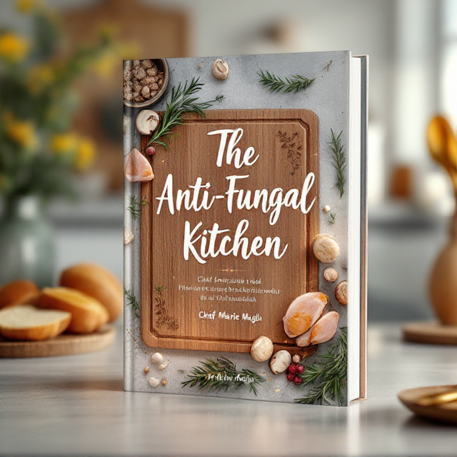 The cover showcases a high-quality photograph of an elegant wooden cutting board surrounded by fresh, colorful ingredients like rosemary sprigs, garlic, mushrooms, and neatly cut chicken breasts. Around the edges of the board, there are subtle golden utensils scattered naturally. A soft, rose gold overlay shimmers in the background, creating a glowing, inviting atmosphere. The title is prominently placed on the wooden cutting board, and subtle patterns of leaves are etched lightly in the corners for a holistic, organic feel.
