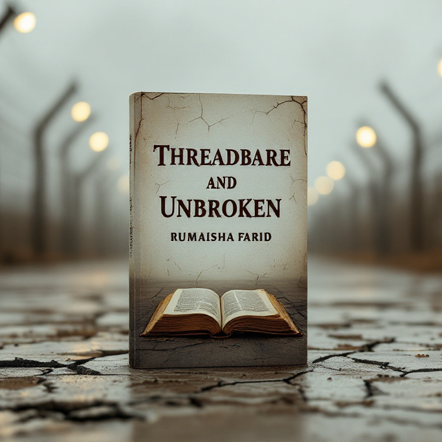 A close-up of a torn book lying on a dusty, cracked, and slightly muddy floor. The torn pages flutter as though there’s a faint wind, hinting at forgotten history or secrets. In the background, a shadowy silhouette of a large prison looms, with towering fences, barbed wires, and dimly glowing spotlights. The whole image is set under a muted, overcast sky with tones of beige and grey.