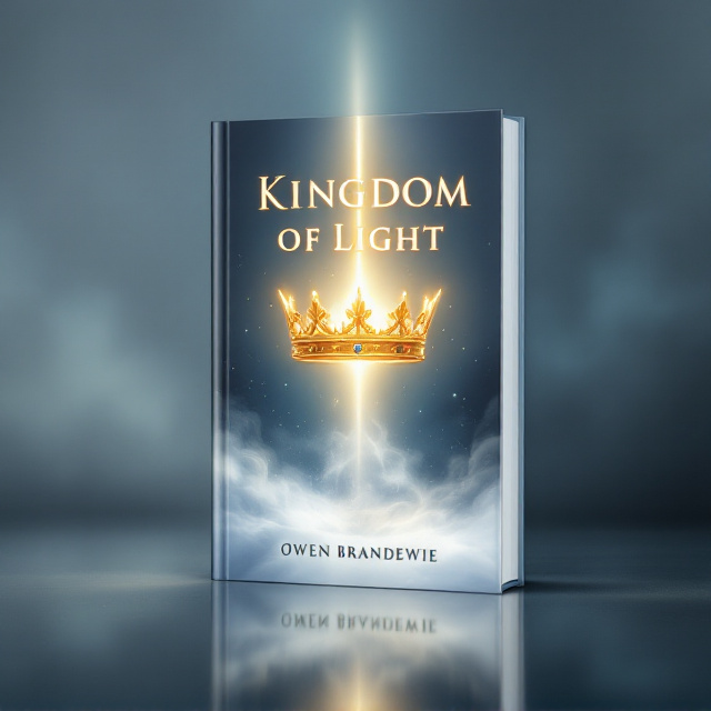 A golden, glowing crown floats mid-air above a swirling mist of soft blues and silvers, evoking a magical sense of power and adventure. A single beam of light emanates from behind the crown, illuminating the scene and casting subtle reflections across the misty background. The background transitions into a gradation of darker tones at the bottom, creating a sense of mystery.