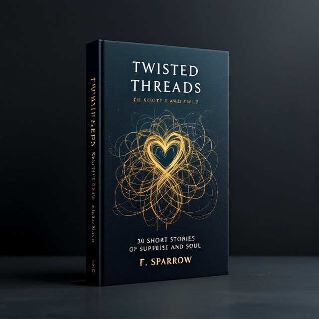 A dark navy background with abstract, tangled threads in gold and teal crisscrossing and forming intricate knot patterns. In the center, an ethereal golden thread spirals outward to form a subtle heart and fades into the tangles. A faint texture resembling fabric adds depth to the background.
