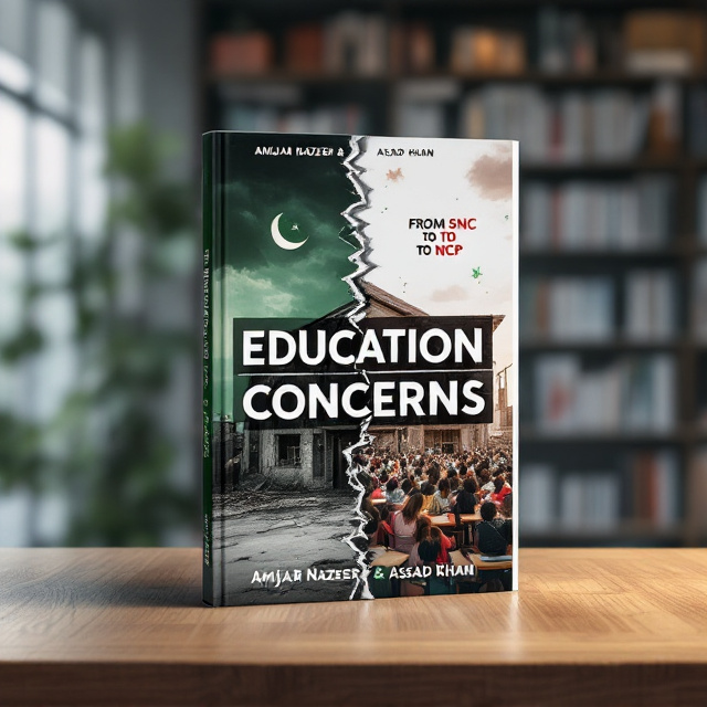 The cover features a split composition. On the left side, a crumbling, abandoned school building with broken windows and faded walls sits under a dark, gloomy sky, representing despair and neglect. On the right side, a brightly lit, overcrowded classroom with students packed closely together portrays a sense of chaotic urgency. Between the two sides of the cover, there's a jagged, broken line, symbolizing a divided education system. Subtle usage of PML-N's green and PTI's red is integrated into abstract shapes in the sky and classroom posters to hint at political influences.