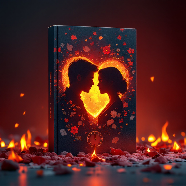 The background is a gradient of deep crimson transitioning smoothly into midnight blue, evoking the emotional juxtaposition of love and despair. In the center, glowing embers and burning ashes rise softly into the dark sky, their warm light faintly illuminating a cracked, glowing heart. The silhouettes of Ruhan and Ilya, slightly blurred and distanced, face away from each other while fragments of torn letters, delicate flowers, and an old, faded photograph lightly hover around them. A faint clock face is subtly embedded into the lower background, its edges fading into the darkness.