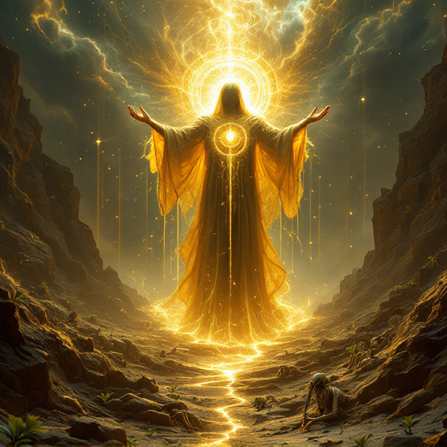 The cover features "The Sovereign" as the central figure. The Sovereign is depicted as a majestic, god-like golden entity, robed in flowing, celestial garments that seem alive with motion. Their face is obscured by radiant light, with shadows adding depth and mystery. The Sovereign holds a luminous golden orb in their outstretched hands, radiating both light and darkness. From the orb, golden rivers and vines flow downward, intertwining with streaks of shadow, forming a surreal connection to the barren valley below. The valley is haunting—filled with skeletal remains, tangled bones, and ancient cracked mosaics faintly revealing twelve Moonborn symbols. Among the desolation, small, translucent green sprouts of new life break through the cracked earth. Above, an awe-inspiring cosmic sky dominates, swirling with a stormy mix of fractured light beams and shadowy clouds. Faint, sorrowful silhouettes of angels can be seen at the edges of the sky, their forms subtly blending into the storm. The mood is haunting and reverential, with a balance of light and dark elements to create an epic fantasy tone.