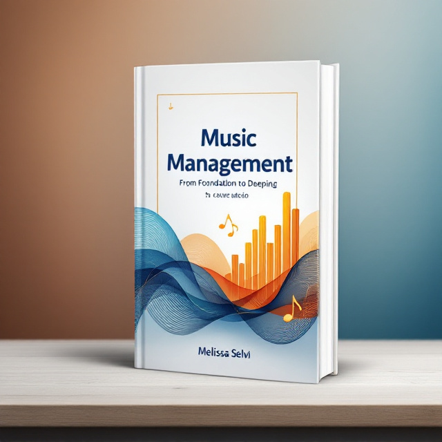 The cover features an abstract wave pattern representing sound waves subtly morphing into musical notes and bar chart-like symbols that imply management and organization. The background consists of a gradient flowing from deep blue to vibrant orange, symbolizing growth, energy, and motivation. Powerfully minimalistic lines in gold gently connect the different elements to exude elegance and professionalism.
