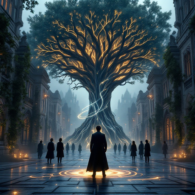 The protagonist, Ryan, stands confidently in the grand courtyard of the magic academy. He is centered and depicted at a three-quarters view with an upward angle, making him appear poised and determined. The ancient magical tree with glowing, intertwined roots rises prominently behind him, its luminous tendrils visually framing Ryan. White stone gothic-style academy buildings form the background, partially veiled by soft shadows and ivy. A subtle swirl of wind magic encircles Ryan’s left hand, creating an otherworldly aura. Training students mark distant silhouettes as part of the background. A cool, overcast sky casts muted natural light across the scene, creating a contemplative, magical atmosphere.