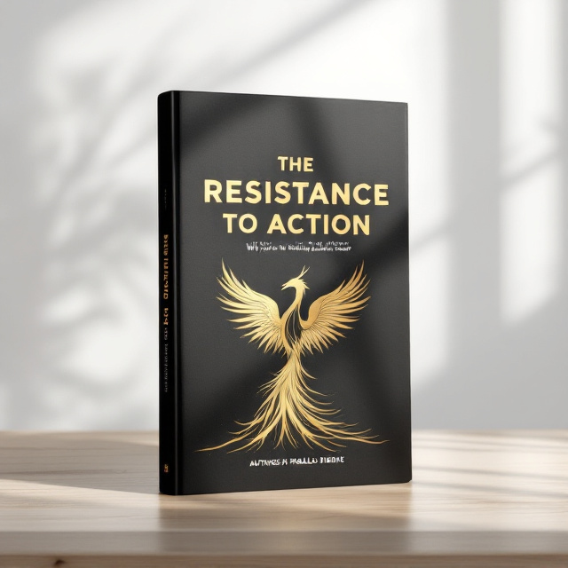 The cover features a minimalistic yet captivating design. A black background serves as the canvas, with a radiant golden phoenix subtly rising from the bottom of the page, symbolizing rebirth and overcoming resistance. The phoenix’s wings stretch upward towards the top of the page, reflecting "action" and movement. The title "The Resistance-to-Action" is boldly centered in gold foil, giving it an illuminated effect. Below the phoenix, a gold gradient base fades seamlessly into the black, adding depth and modernity. Tiny golden specks resembling stardust are scattered in the background, enhancing the philosophical aura.