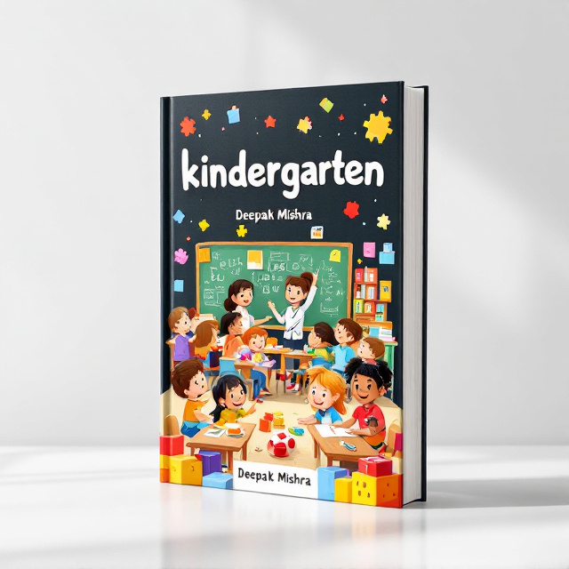 A vibrant and colorful illustrated cover that showcases a cheerful kindergarten scene. A classroom filled with children sitting at desks or engaged in playful learning activities under the guidance of a smiling teacher. A blackboard in the background displays simple educational icons like ABCs, numbers, and shapes. The scene is framed by lively blocks or puzzle-piece patterns, emphasizing childhood learning.
