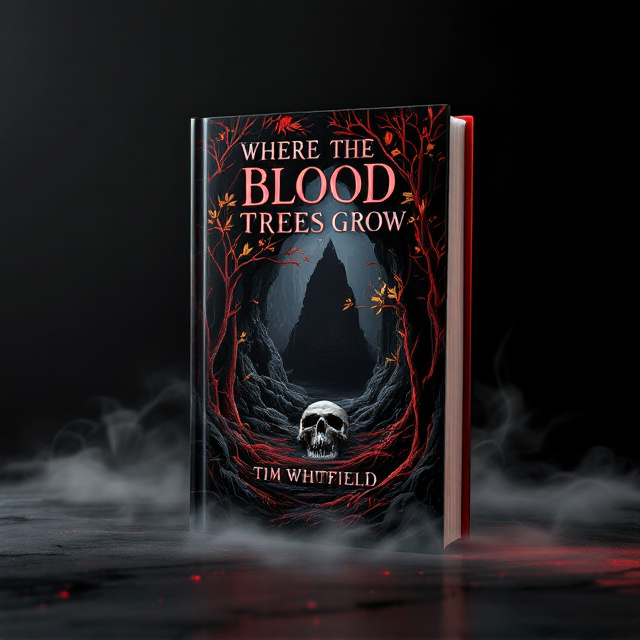 A shadowy forest scene drenched in darkness, with sinister blood-red trees prominently in the foreground. The trees have gold shimmery leaves that catch a faint, ominous light. In the background, a shadowy, jagged cave entrance looms, partially obscured by heavy mist. A skull with intricate detailing, almost like carvings of eucalyptus leaves, sits ominously at the cave's base. Wisps of fog snake through the forest floor, adding a layer of mystery and unease.